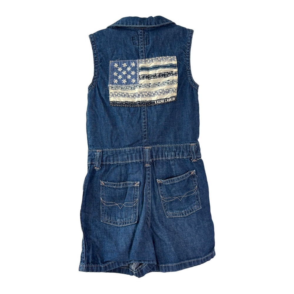 Polo Ralph Lauren Kids Blue Denim Flag Patch Romper Sleeveless Jumpsuit Size 4